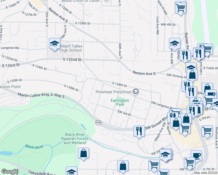 map of restaurants, bars, coffee shops, grocery stores, and more near 8216 South 134th Street in Seattle