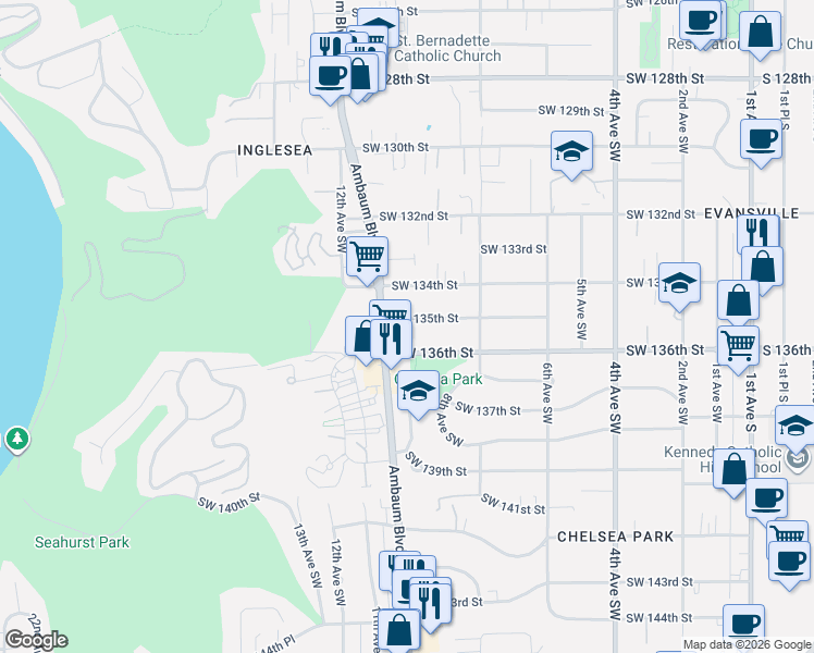 map of restaurants, bars, coffee shops, grocery stores, and more near 872 Southwest 135th Street in Burien