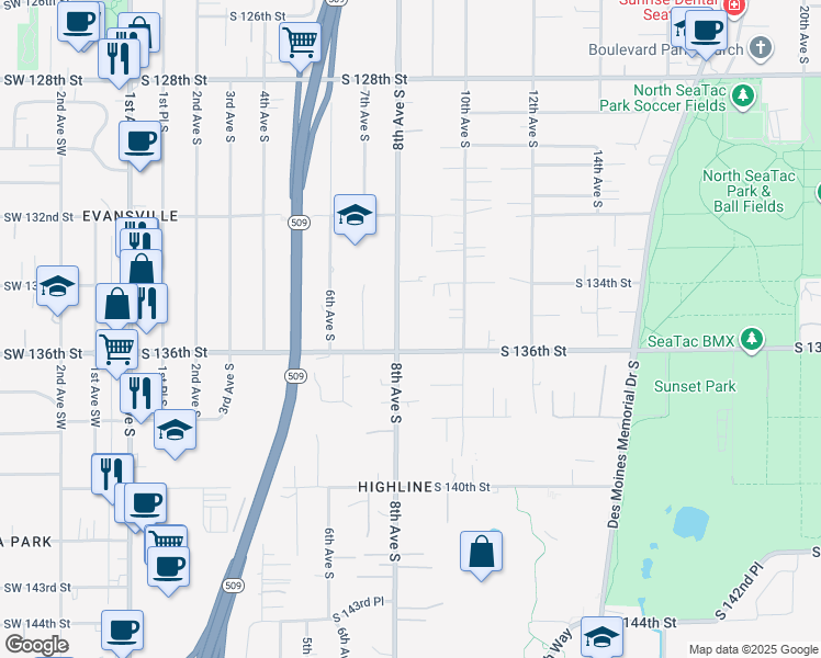 map of restaurants, bars, coffee shops, grocery stores, and more near 13427 8th Avenue South in Burien