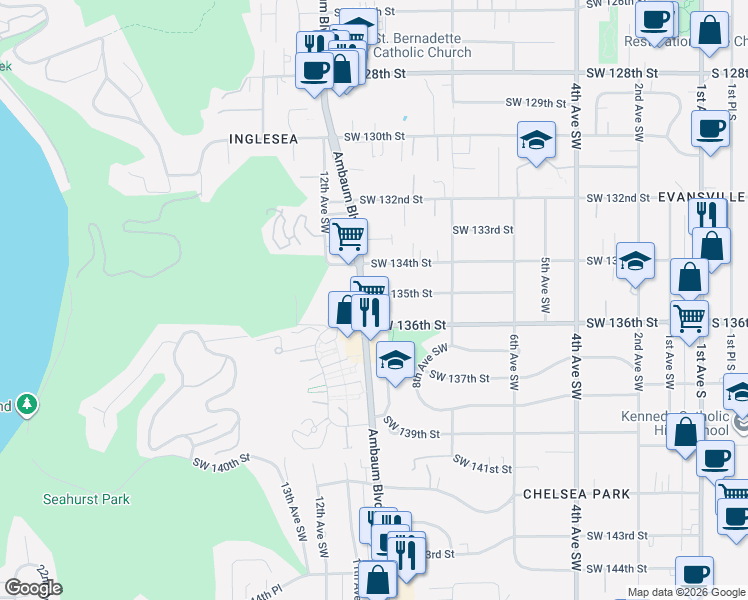 map of restaurants, bars, coffee shops, grocery stores, and more near 13502 Ambaum Boulevard Southwest in Burien