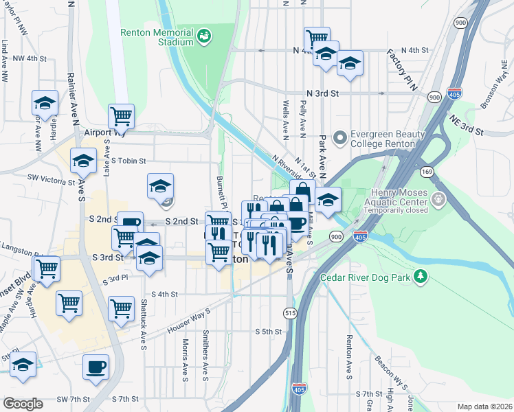 map of restaurants, bars, coffee shops, grocery stores, and more near 110 Williams Avenue South in Renton
