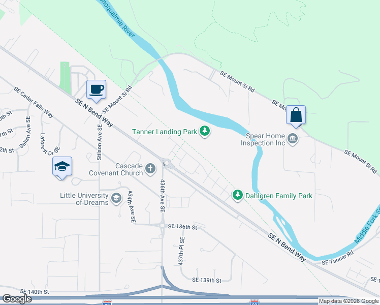 map of restaurants, bars, coffee shops, grocery stores, and more near 1932 Southeast 12th Street in North Bend