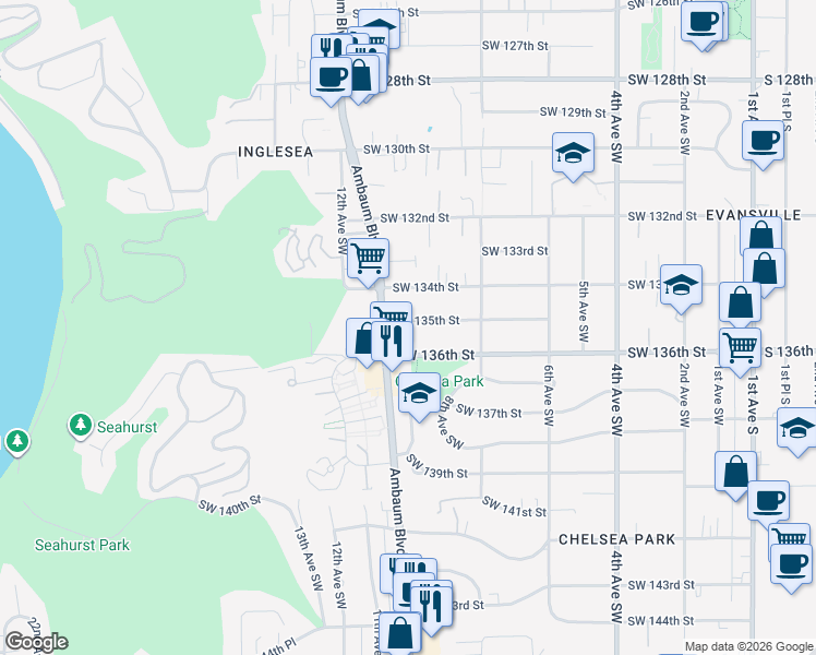 map of restaurants, bars, coffee shops, grocery stores, and more near 871 Southwest 135th Street in Burien