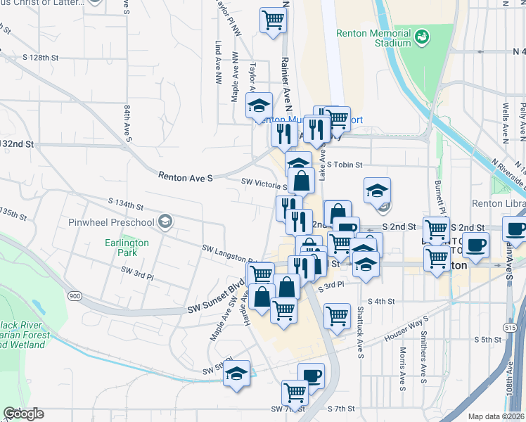 map of restaurants, bars, coffee shops, grocery stores, and more near 81 Southwest 2nd Street in Renton