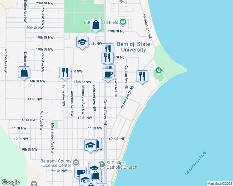 map of restaurants, bars, coffee shops, grocery stores, and more near 1424 Bixby Avenue Northeast in Bemidji