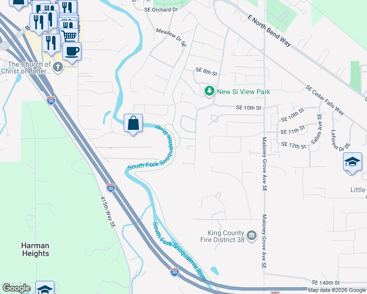 map of restaurants, bars, coffee shops, grocery stores, and more near 370 Southeast 12th Place in North Bend