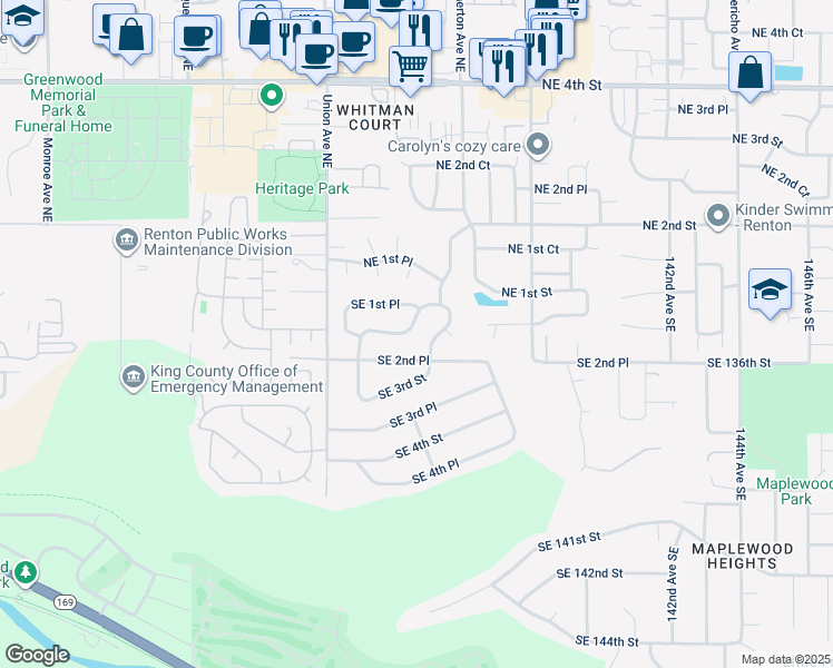 map of restaurants, bars, coffee shops, grocery stores, and more near 102 Vashon Avenue Southeast in Renton
