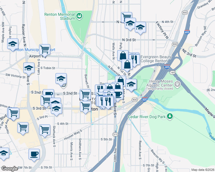 map of restaurants, bars, coffee shops, grocery stores, and more near 104 Wells Avenue South in Renton