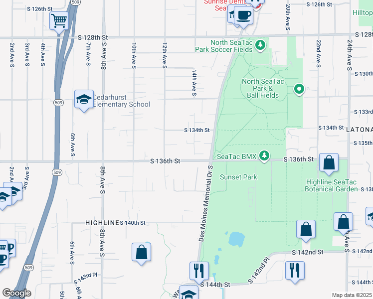 map of restaurants, bars, coffee shops, grocery stores, and more near 13425 14th Avenue South in Burien
