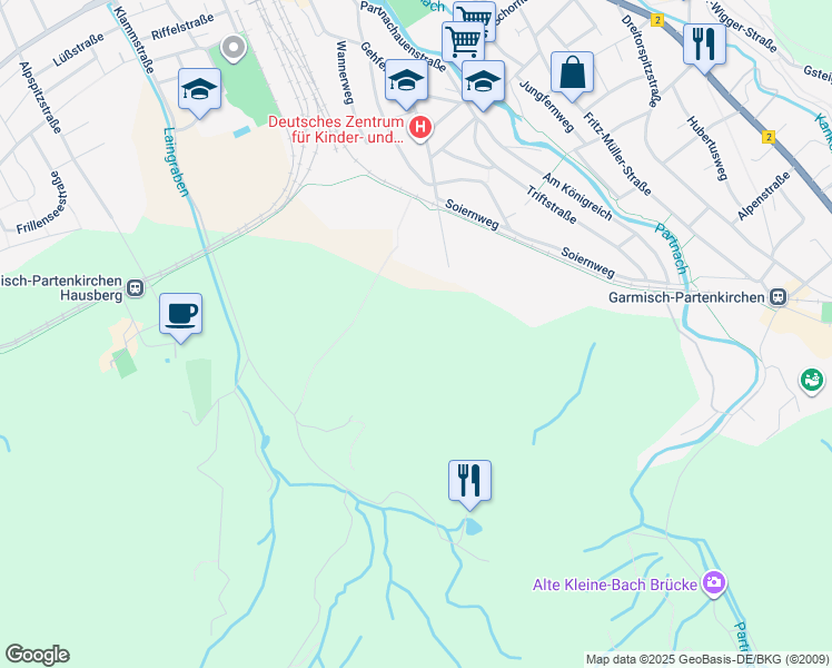 map of restaurants, bars, coffee shops, grocery stores, and more near in Grainau