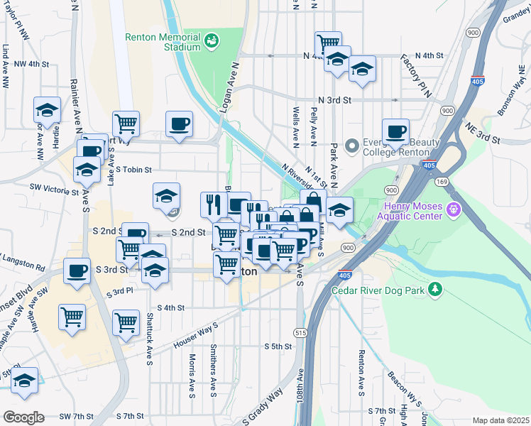 map of restaurants, bars, coffee shops, grocery stores, and more near 110 Williams Avenue South in Renton
