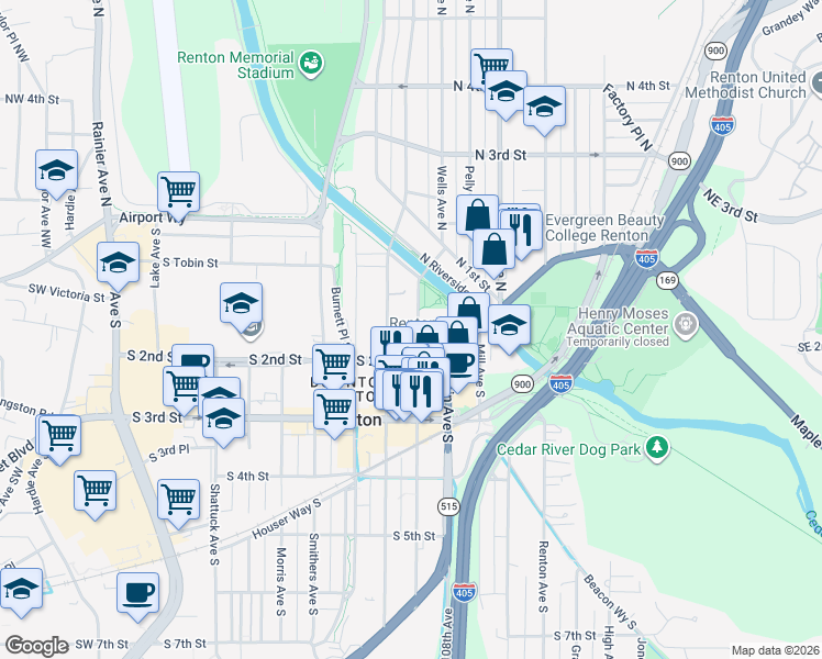 map of restaurants, bars, coffee shops, grocery stores, and more near 104 Wells Avenue South in Renton