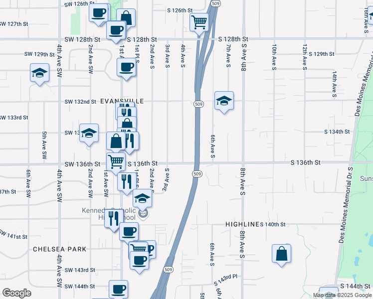 map of restaurants, bars, coffee shops, grocery stores, and more near 13426 4th Avenue South in Burien