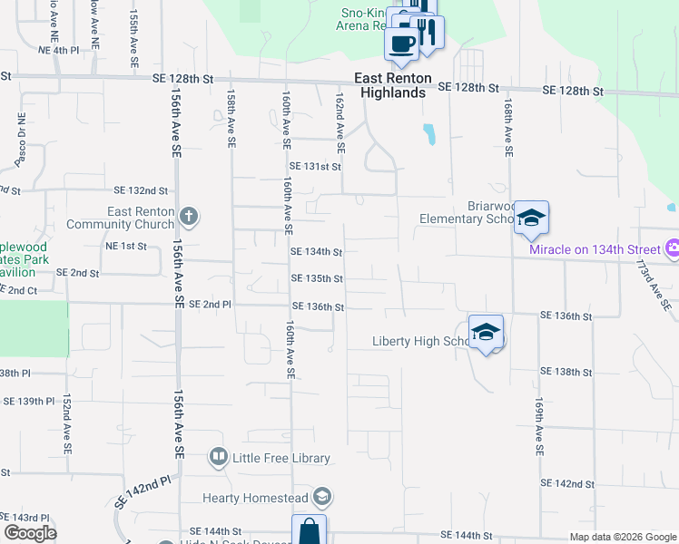map of restaurants, bars, coffee shops, grocery stores, and more near 13404 162nd Avenue Southeast in Renton