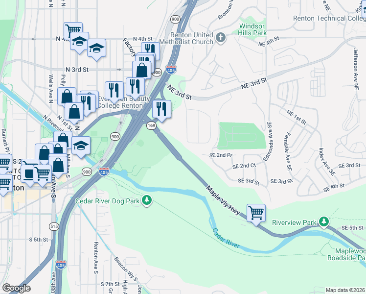 map of restaurants, bars, coffee shops, grocery stores, and more near 75 Monterey Drive Northeast in Renton