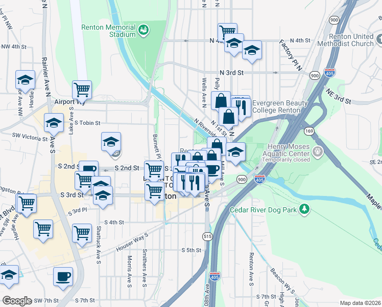 map of restaurants, bars, coffee shops, grocery stores, and more near 104 Wells Avenue South in Renton