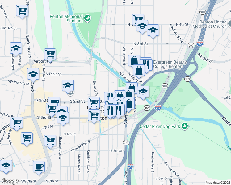 map of restaurants, bars, coffee shops, grocery stores, and more near 104 Wells Avenue South in Renton