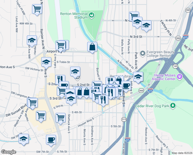 map of restaurants, bars, coffee shops, grocery stores, and more near 107 Logan Avenue South in Renton