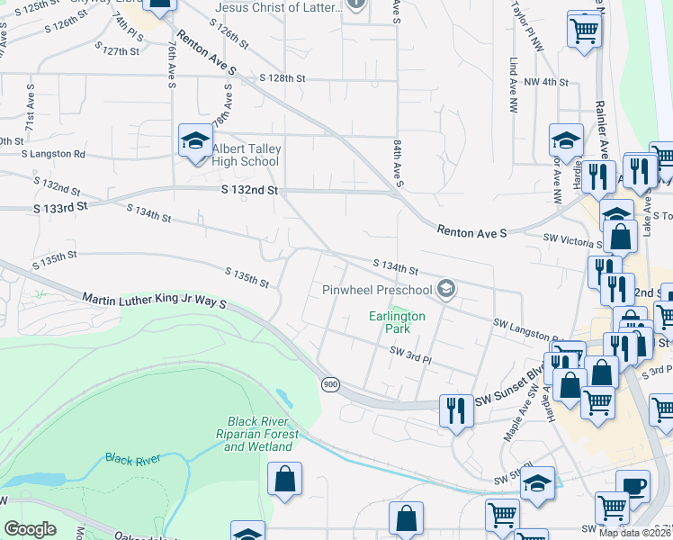 map of restaurants, bars, coffee shops, grocery stores, and more near 185 Powell Avenue Southwest in Renton