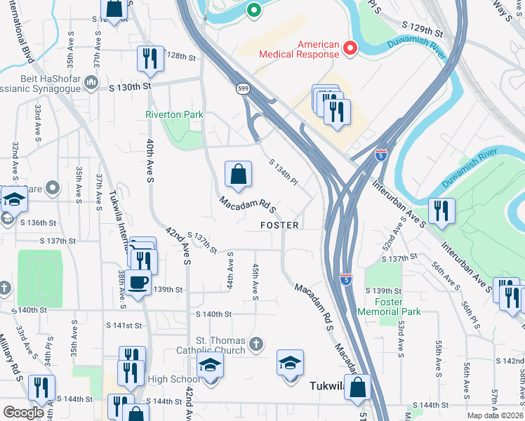 map of restaurants, bars, coffee shops, grocery stores, and more near 4501 South 134th Place in Tukwila