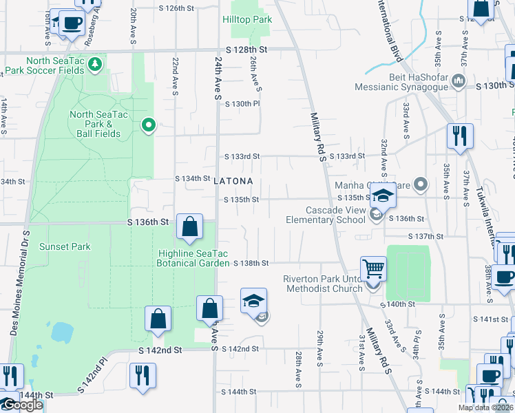 map of restaurants, bars, coffee shops, grocery stores, and more near 2606 South 135th Street in SeaTac