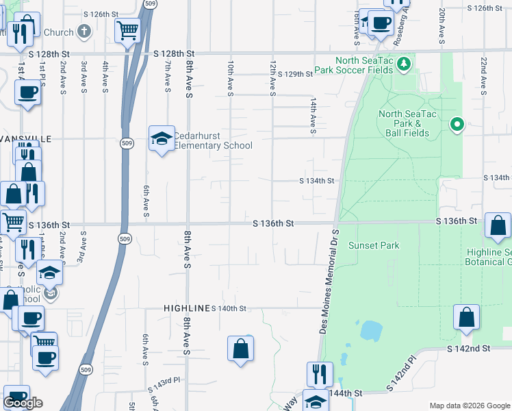 map of restaurants, bars, coffee shops, grocery stores, and more near 13429 12th Avenue South in Burien