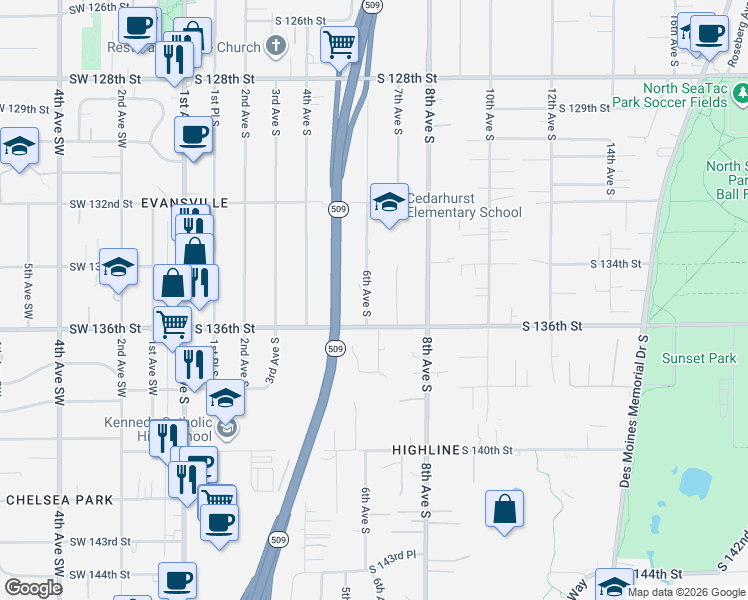 map of restaurants, bars, coffee shops, grocery stores, and more near 13415 7th Avenue South in Burien