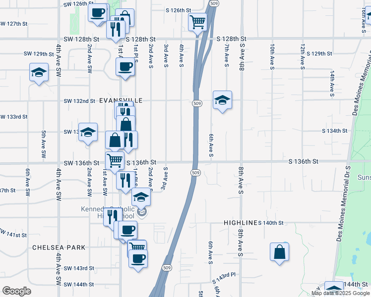 map of restaurants, bars, coffee shops, grocery stores, and more near 13426 4th Avenue South in Burien