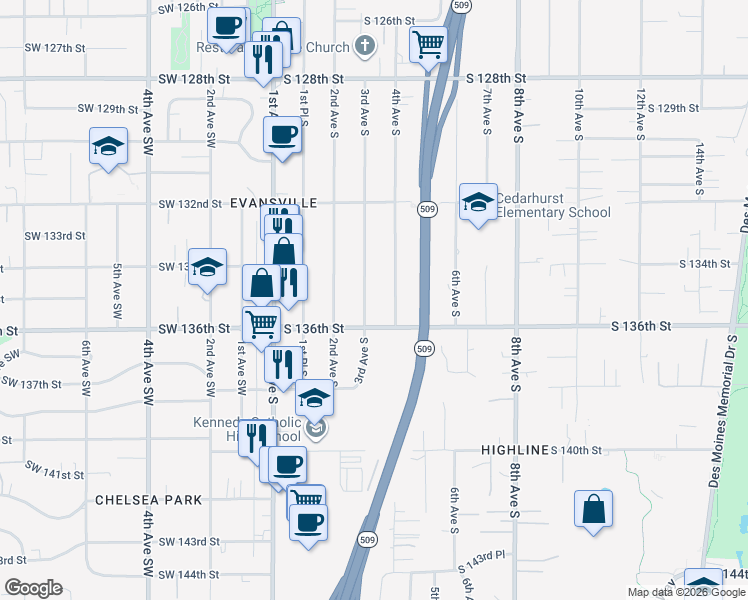 map of restaurants, bars, coffee shops, grocery stores, and more near 13420 3rd Avenue South in Burien