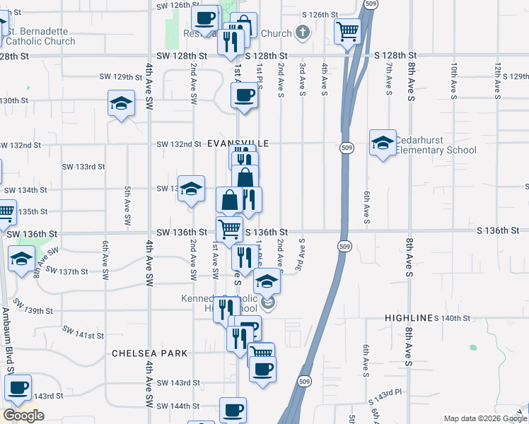 map of restaurants, bars, coffee shops, grocery stores, and more near 13418 Occidental Avenue South in Burien