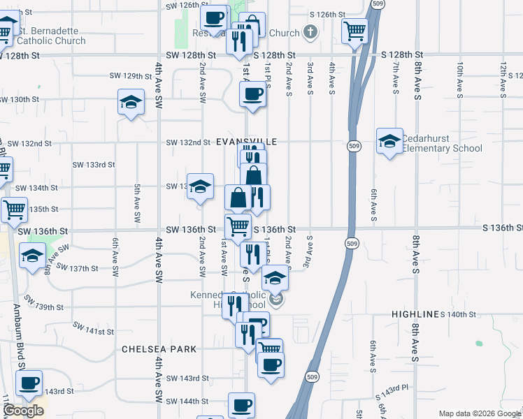 map of restaurants, bars, coffee shops, grocery stores, and more near 13418 Occidental Avenue South in Burien
