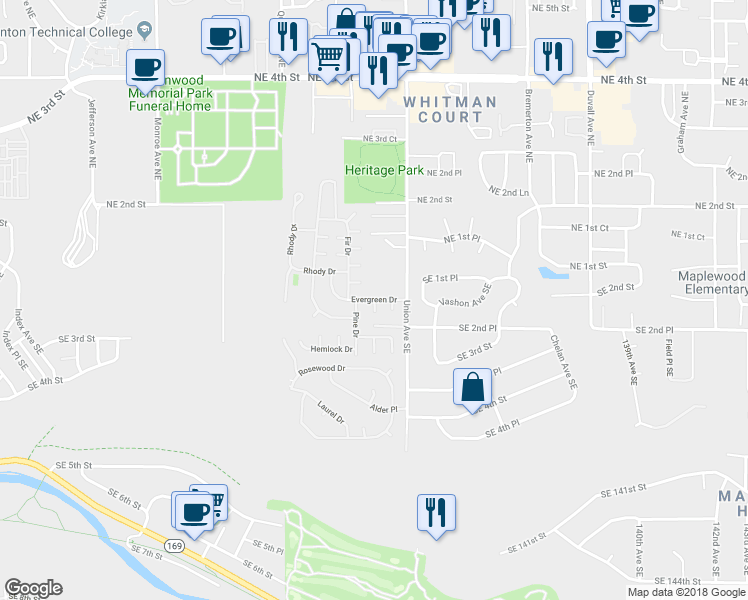 map of restaurants, bars, coffee shops, grocery stores, and more near Evergreen Drive in Renton