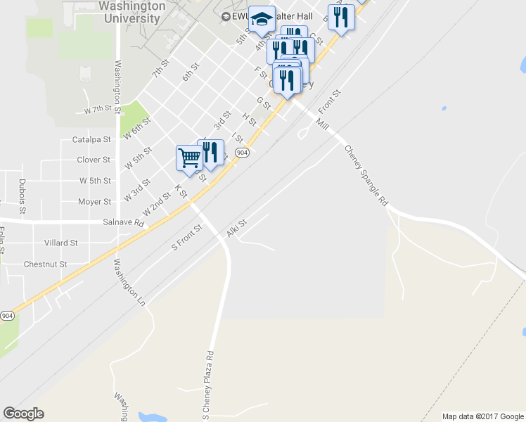 map of restaurants, bars, coffee shops, grocery stores, and more near 143 Alki Street in Cheney