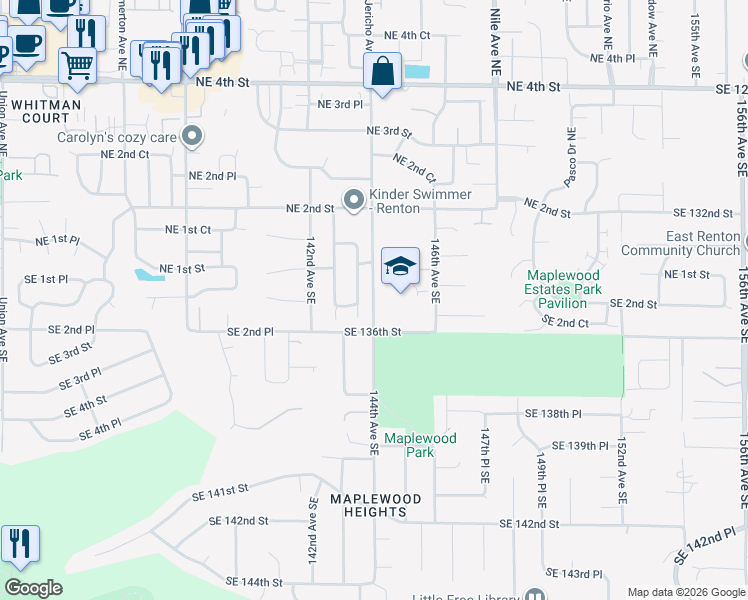 map of restaurants, bars, coffee shops, grocery stores, and more near 130 Jericho Avenue Northeast in Renton