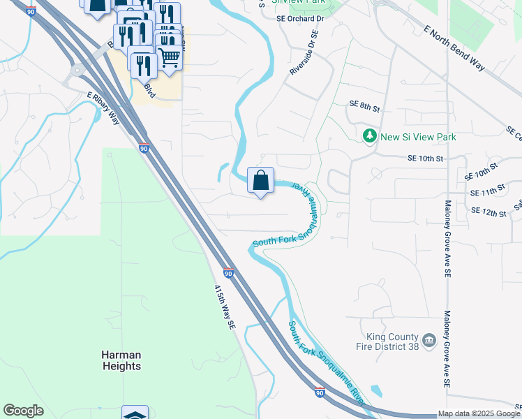 map of restaurants, bars, coffee shops, grocery stores, and more near 41528 Southeast 131st Street in North Bend