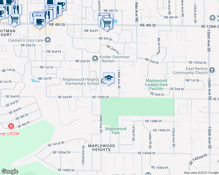 map of restaurants, bars, coffee shops, grocery stores, and more near 130 144th Avenue Southeast in Renton