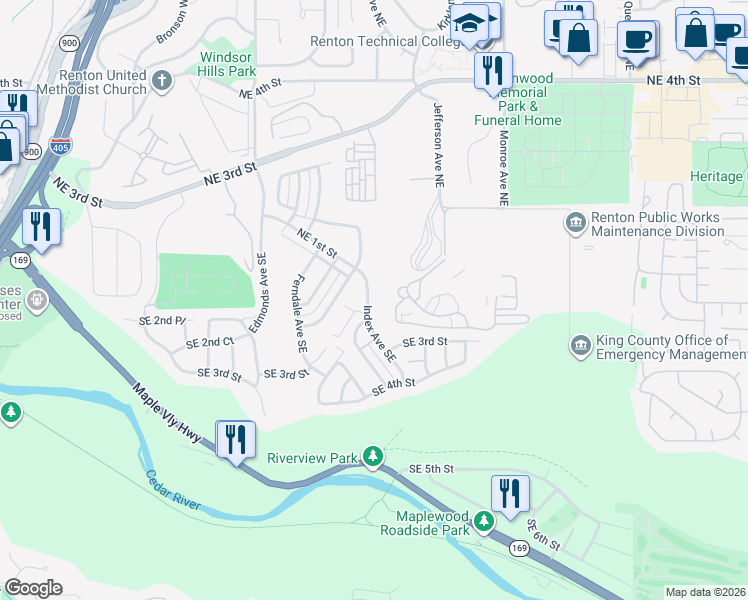 map of restaurants, bars, coffee shops, grocery stores, and more near 122 Index Avenue Southeast in Renton