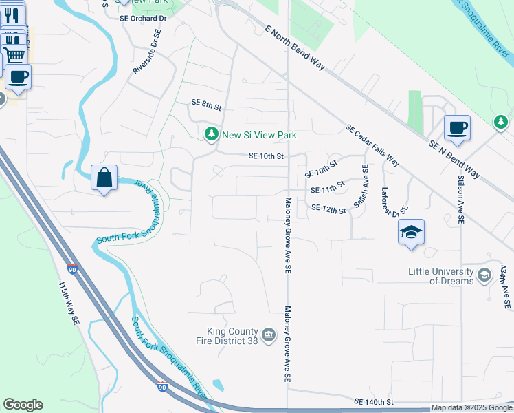 map of restaurants, bars, coffee shops, grocery stores, and more near 1146 Swiftwater Way Southeast in North Bend