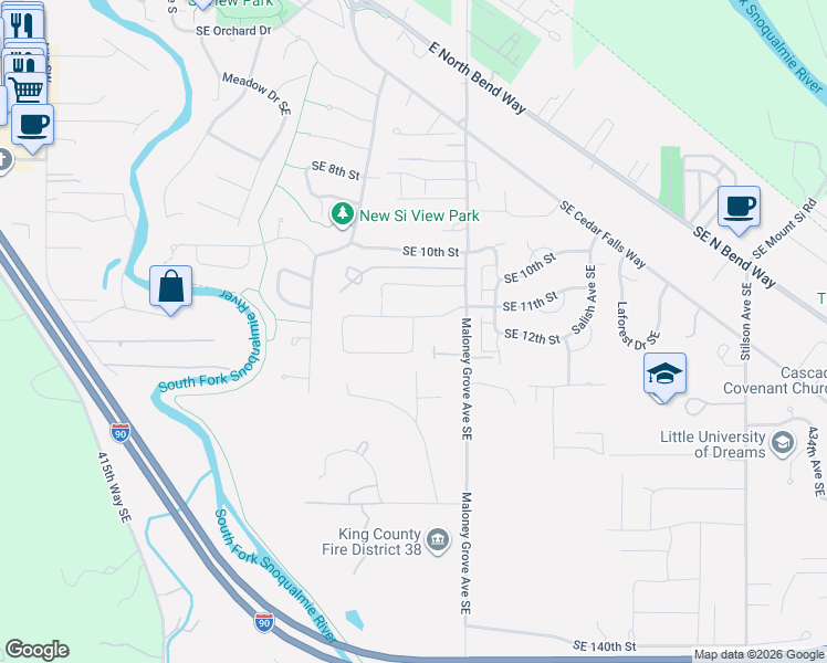 map of restaurants, bars, coffee shops, grocery stores, and more near 1118 Swiftwater Way Southeast in North Bend