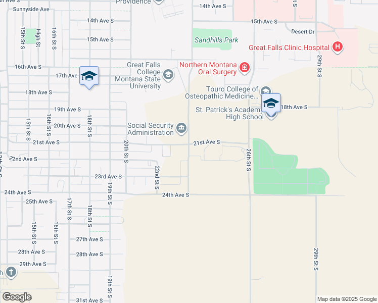 map of restaurants, bars, coffee shops, grocery stores, and more near 2103 23rd Street South in Great Falls