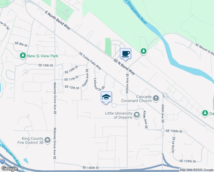 map of restaurants, bars, coffee shops, grocery stores, and more near 1350 Laforest Drive Southeast in North Bend