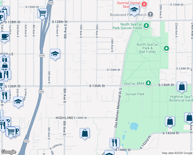 map of restaurants, bars, coffee shops, grocery stores, and more near 13429 12th Avenue South in Burien