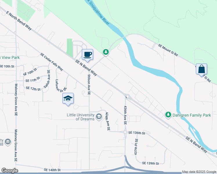map of restaurants, bars, coffee shops, grocery stores, and more near 1201 Little Si Avenue SouthEast in North Bend