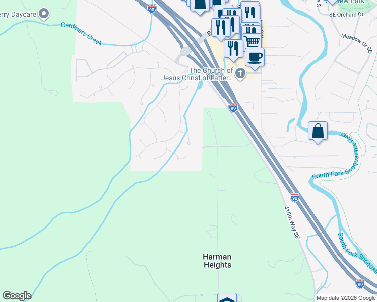 map of restaurants, bars, coffee shops, grocery stores, and more near 1435 Southwest 13th Place in North Bend