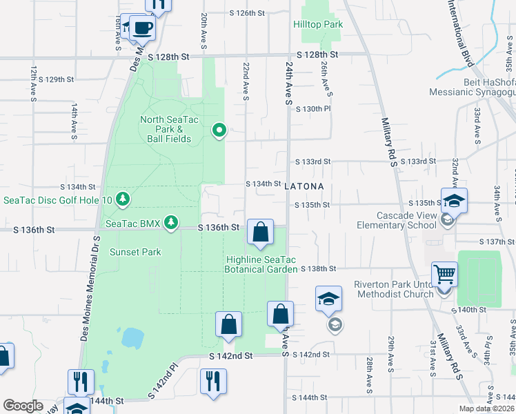 map of restaurants, bars, coffee shops, grocery stores, and more near 13428 22nd Avenue South in SeaTac