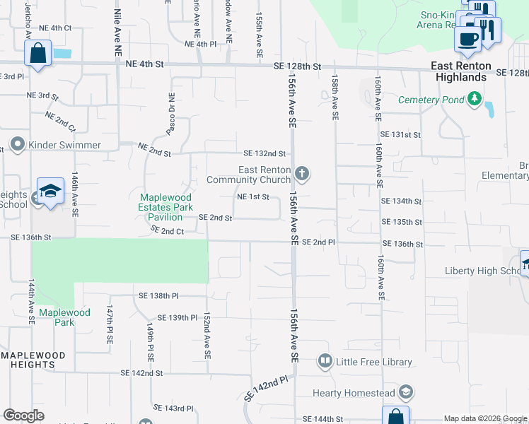 map of restaurants, bars, coffee shops, grocery stores, and more near 6227 Northeast 1st Street in Renton