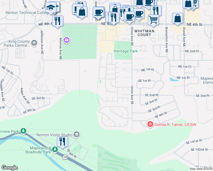 map of restaurants, bars, coffee shops, grocery stores, and more near Evergreen Drive in Renton