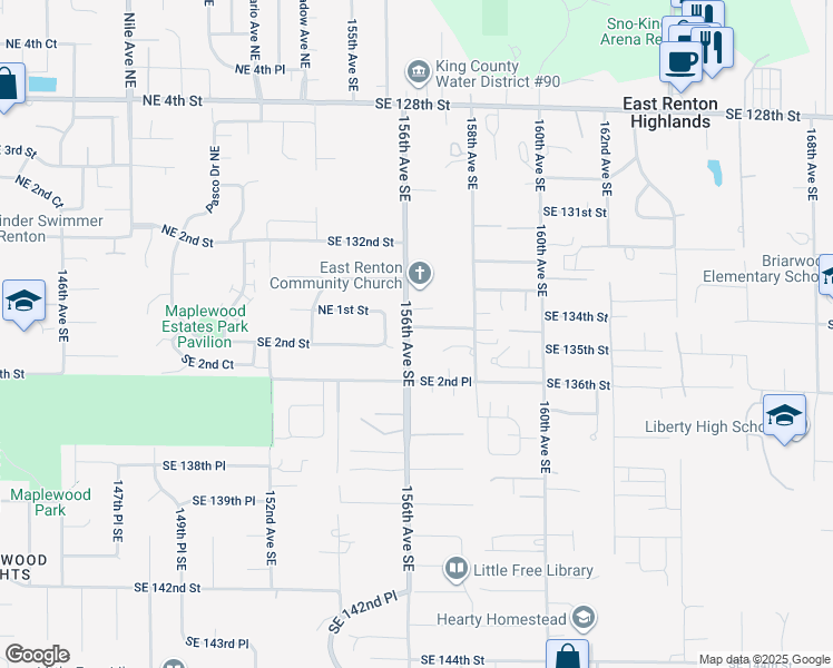 map of restaurants, bars, coffee shops, grocery stores, and more near 13426 156th Avenue Southeast in Renton