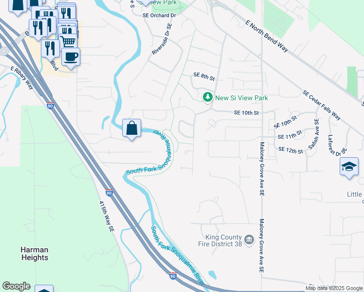 map of restaurants, bars, coffee shops, grocery stores, and more near 370 Southeast 12th Place in North Bend