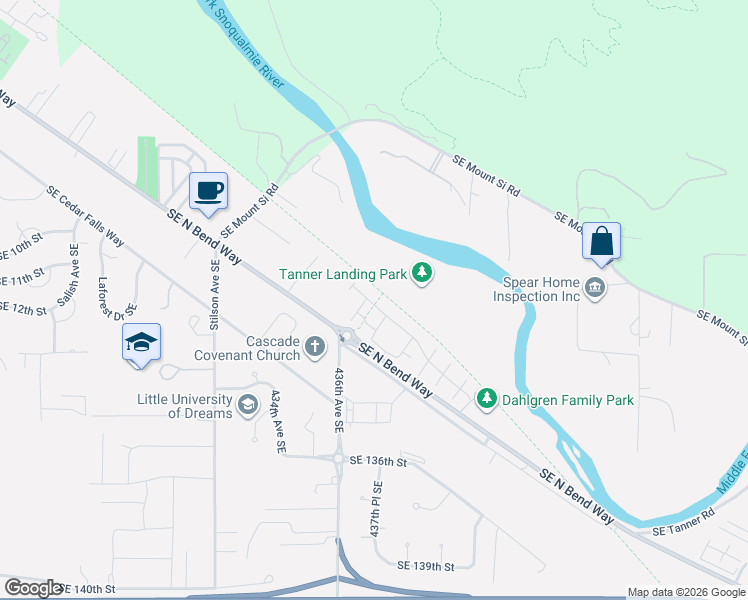 map of restaurants, bars, coffee shops, grocery stores, and more near Snoqualmie Valley Trail in North Bend